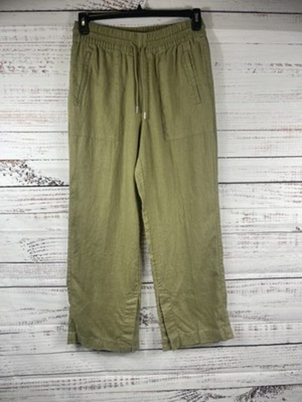 Athleta Pants Womens Small Petite Green Linen Straight Leg Pull On Pockets Slit
